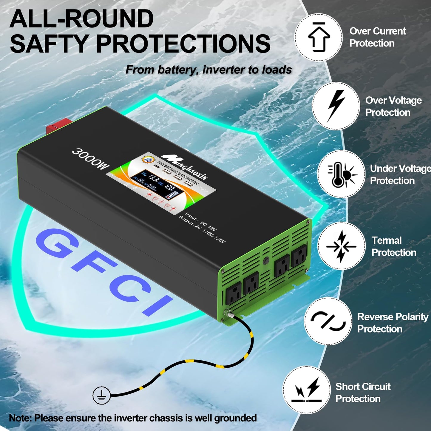 3000W Pure Sine Wave Power Inverter 12V to 110V/120V for RV,Truck, Solar, Home, Off-Grid, Car with 4 AC Outlets,LCD Display,Remote Control, 30W USB-C, 5V 2.1A USB, Surge 6000W