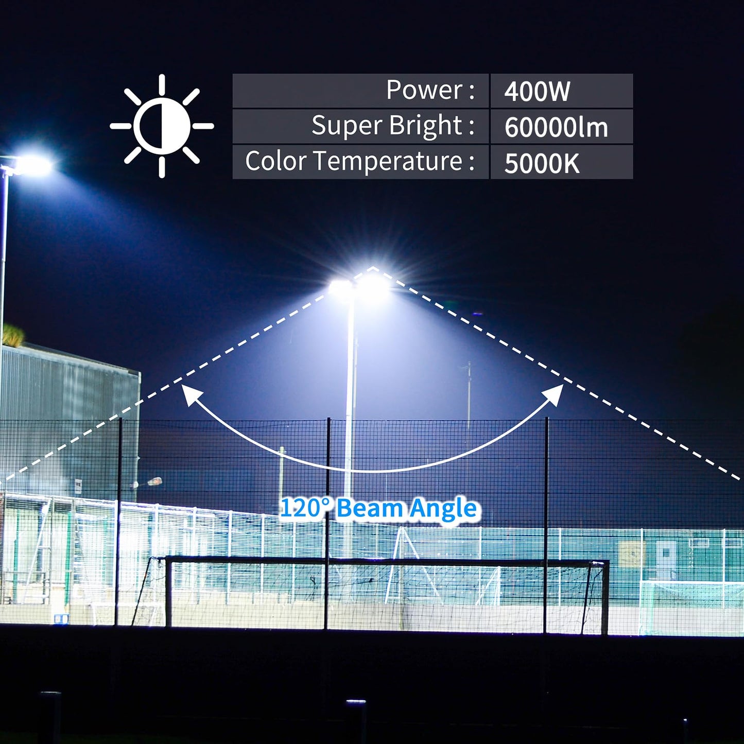 ROMMOR 400W Led Stadium Flood Light Outdoor 60000Lm 2500W Equivalent Super Bright Commercial Area Lighting 100-277V 5000K Daylight IP66 Waterproof Arena Lights for Sport Fields and Courts