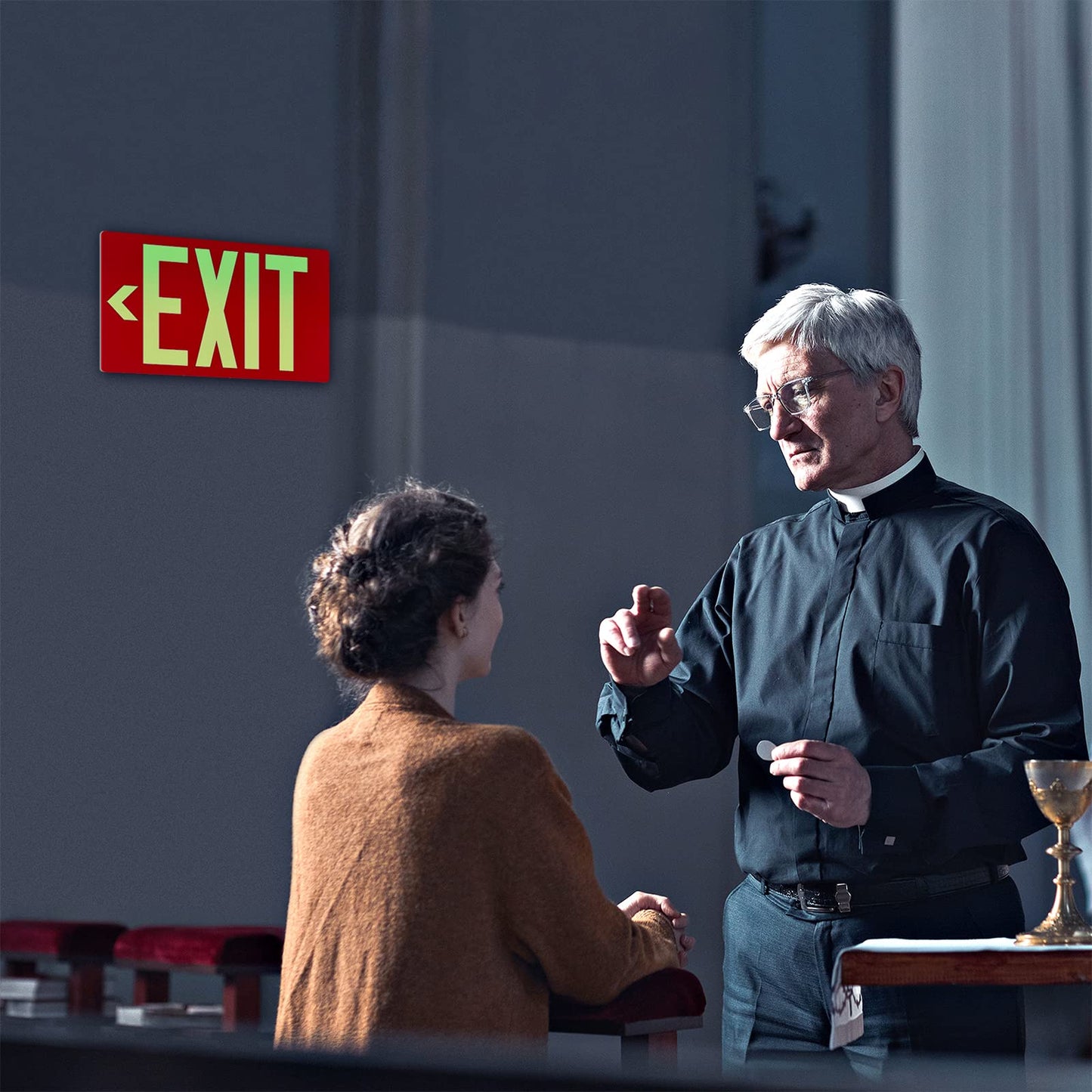 Photoluminescent Exit Sign Aluminum - Adhesive Backing Glow In The Dark - Removable Arrows Included - 12x7 Inches - Non Electrical Red Exit Light For 50 Feet Visibility (2 Pack)