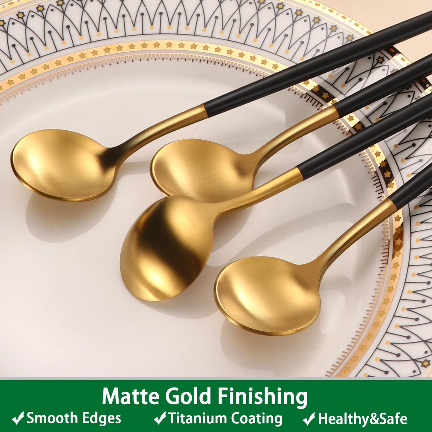 DEHOV 4 PCs 9 Inches Brush Gold Stainless Steel 304 Iced Tea Spoons With Black Handle,Long Handle Coffee Stirring Spoon,SS18/10 Long Latte Spoons Set