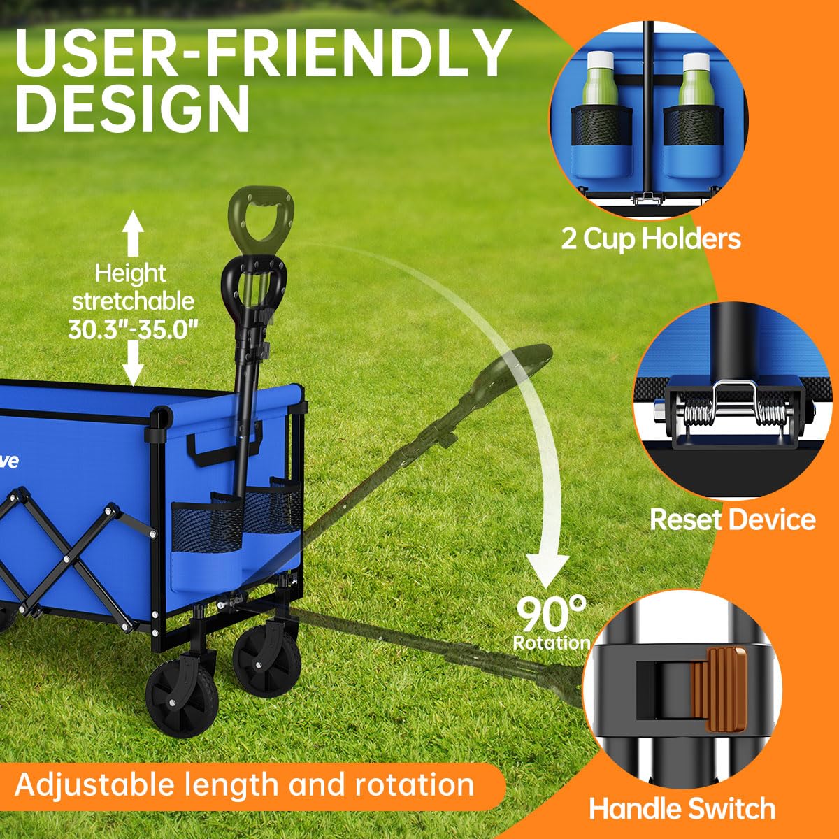 Collapsible Wagon Cart, 380LBS Heavy Duty Utility Wagons with All-Terrain Wheels, Foldable Grocery Carts for Gardening, Shopping, Beach, Camping (Blue)