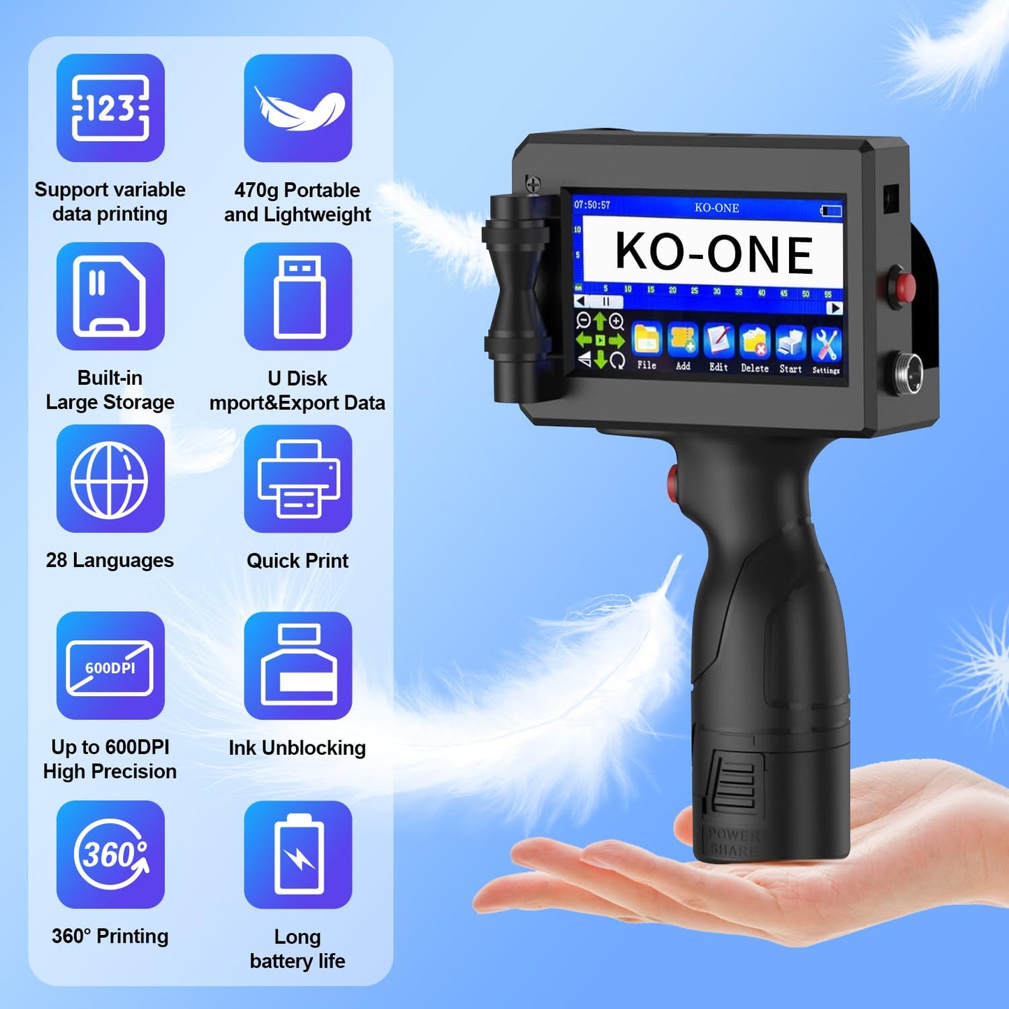 KOONE Handheld Inkjet Printer, 0.5 Inch Nozzle, Portable Inkjet Printer Gun for Text QRCode Barcode Production Date Time Logo Batch Number Print on Metal Wood Glass Cloth Carton Plastic (Black)