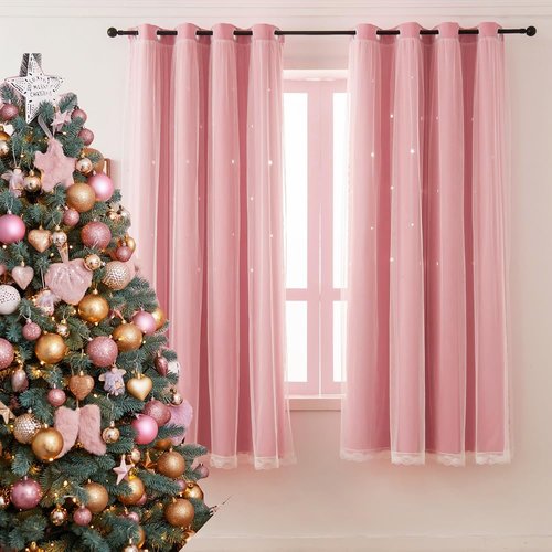Ftinala Pink Blackout Curtains for Girls Bedroom Cute - Aesthetic Star Cutout Double Layer with Sheer Overlay, 63 Inch Length 1 Panel Baby Nursery Curtains Kids Room Decor Drapes
