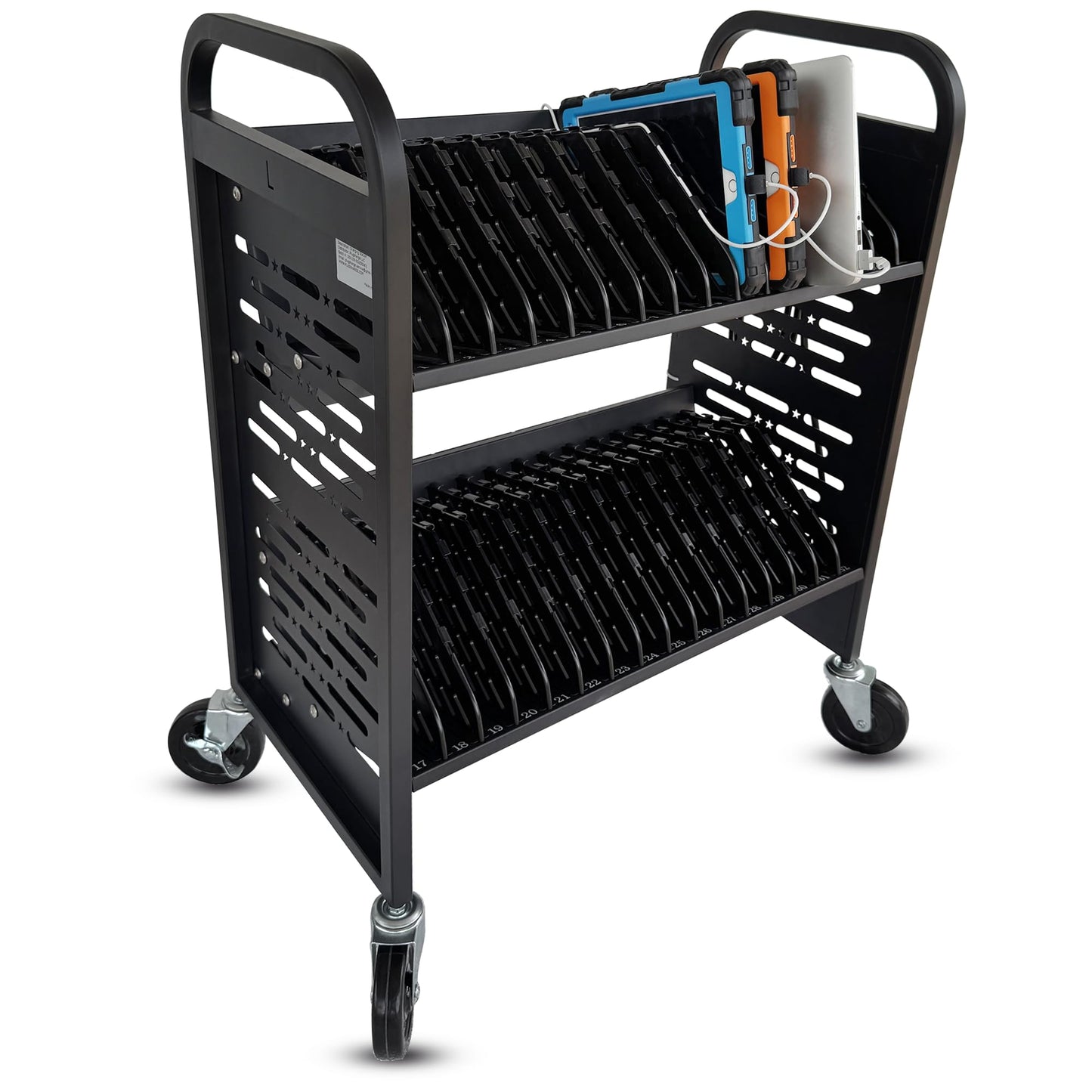 Plugsharge 32-Device Laptop & Tablet Charging Cart for Classroom, Mobile Chromebook Charging Station with Cable Management, Surge Protection, Locking Wheels & Device Storage for Schools & Offices