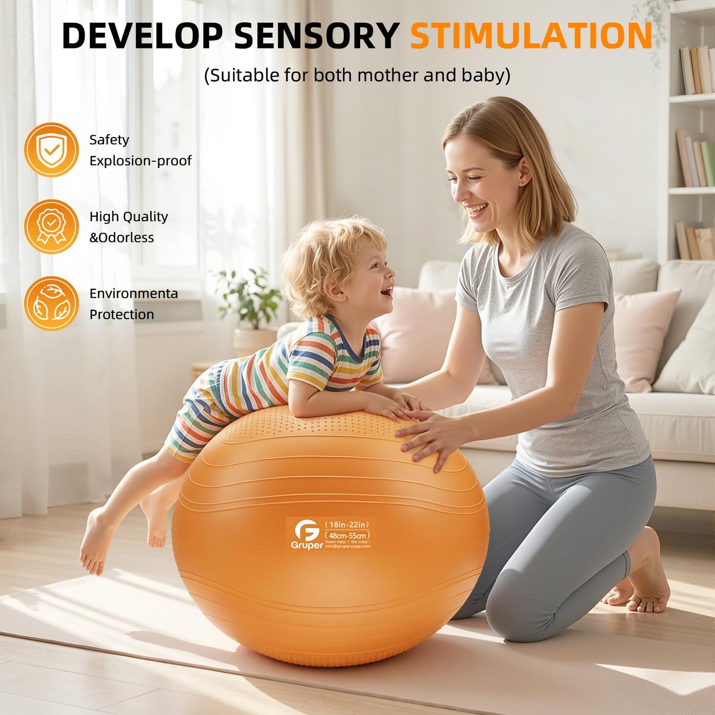 Gruper Yoga Ball, Extra Thick Non Slip Exercise Ball for Workout, Birthing, Balance, Stability, Pregnancy, 4 Sizes Anti Burst Chair for Home and Office, Includes Quick Pump & Fitness Guide