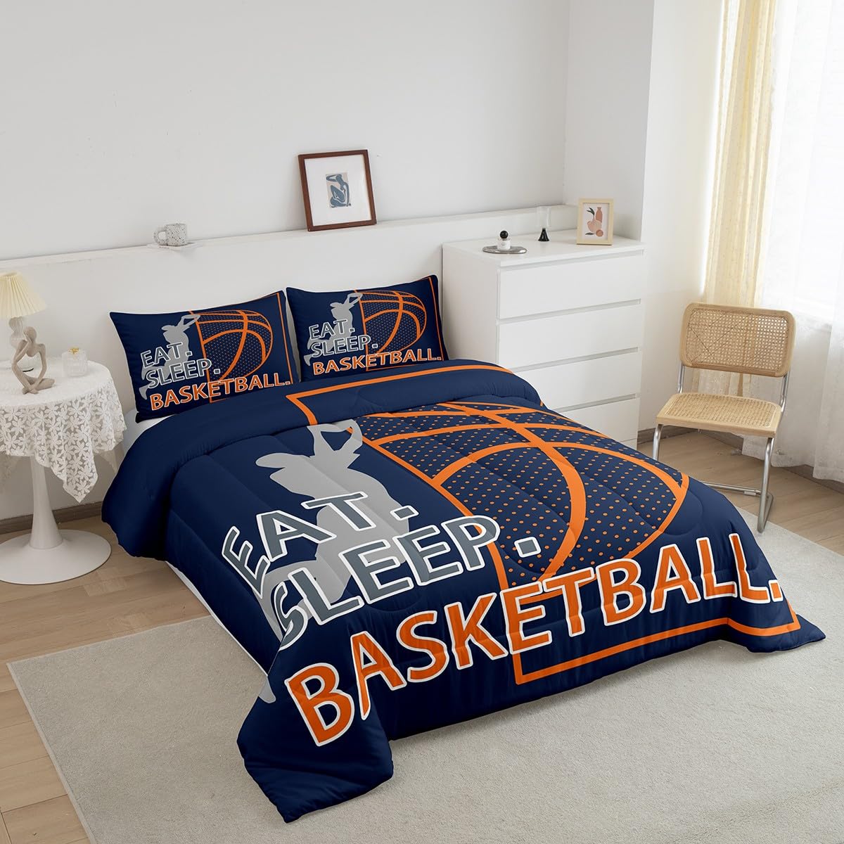 Feelyou Kids Basketball Game Bedding Set Full Size,Soprts Theme Basketball Comforter Set,Boys Girls Bedroom Room Decor,Basketball Player Comforter,Navy Blue Bed Set for All Season