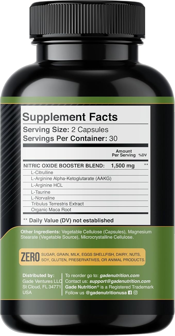 Gade Nutrition Nitric Oxide Supplement - L Arginine Capsules ??Helps to Improve Energy, Endurance & Performance - Pre Workout - Muscle Builder - with All Essential Amino Acid and Maca Root