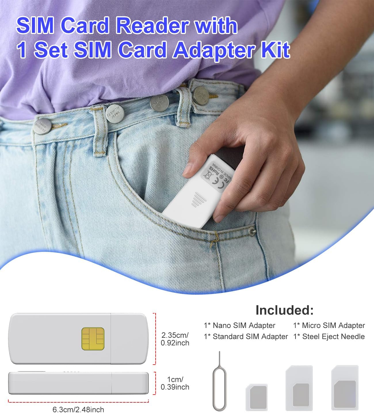 Bawanfa USB SIM Card Reader - Sim Card Adapter Kit with Eject Pin - Micro/Nano/Standard Sim Card Readers - USB to Sim