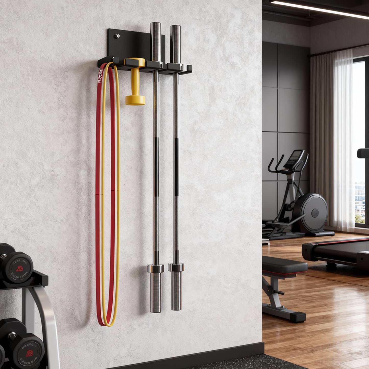 POWER GUIDANCE Olympic Barbell Hanger,Garage Gym Bar Wall Rack,Vertical Barbell Mount Rack,Space Saving Commercial or Home Gym Accessory (‎Black 4Hook)