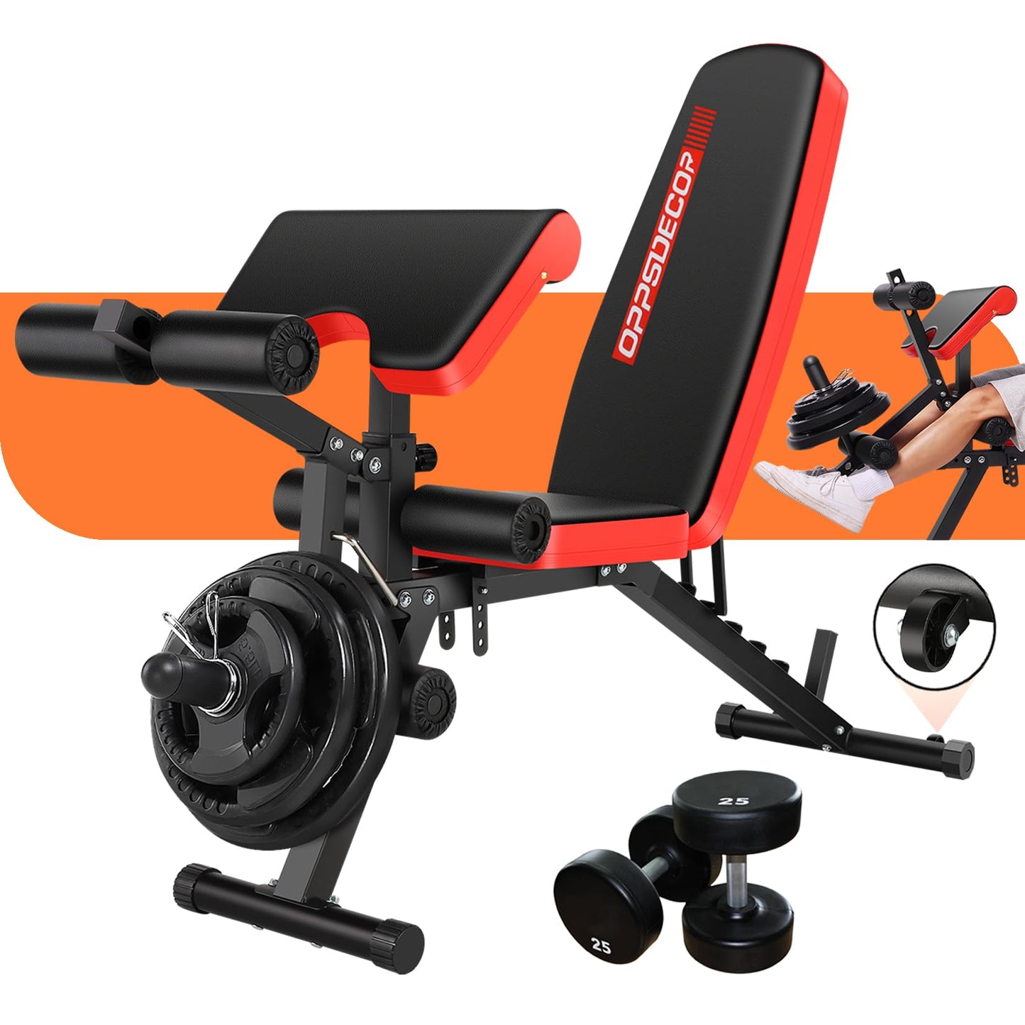 OPPSDECOR Adjustable Weight Bench with Leg Extension and Leg Curl, 800 LBS Heavy Duty Workout Bench for Home Gym, Preacher Curl Bench with Wheels, Flat Incline Decline Exercise Bench for Full Body