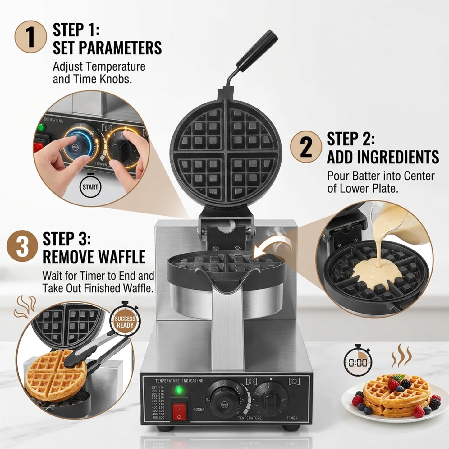 Commercial Waffle Maker 1300W Non-Stick Waffle Iron Rotatable 180° Waffle Baker Machine With Temp and Time Control for Bakery Snack Bar Family