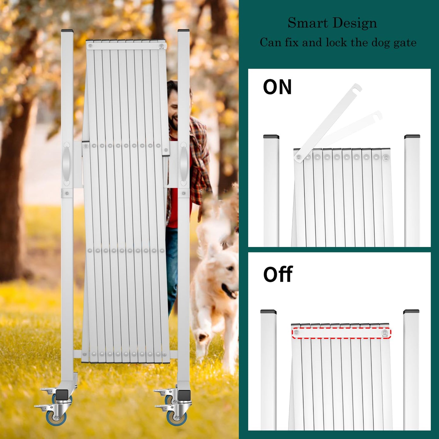 WEWORTH Expandable Barricade, Accordion Garden Yard Outdoor Indoor Portable Folding Security Dog Fence Gates Wall Mount, 129' Adjustable Metal Safety Barrier Gate with Casters, White