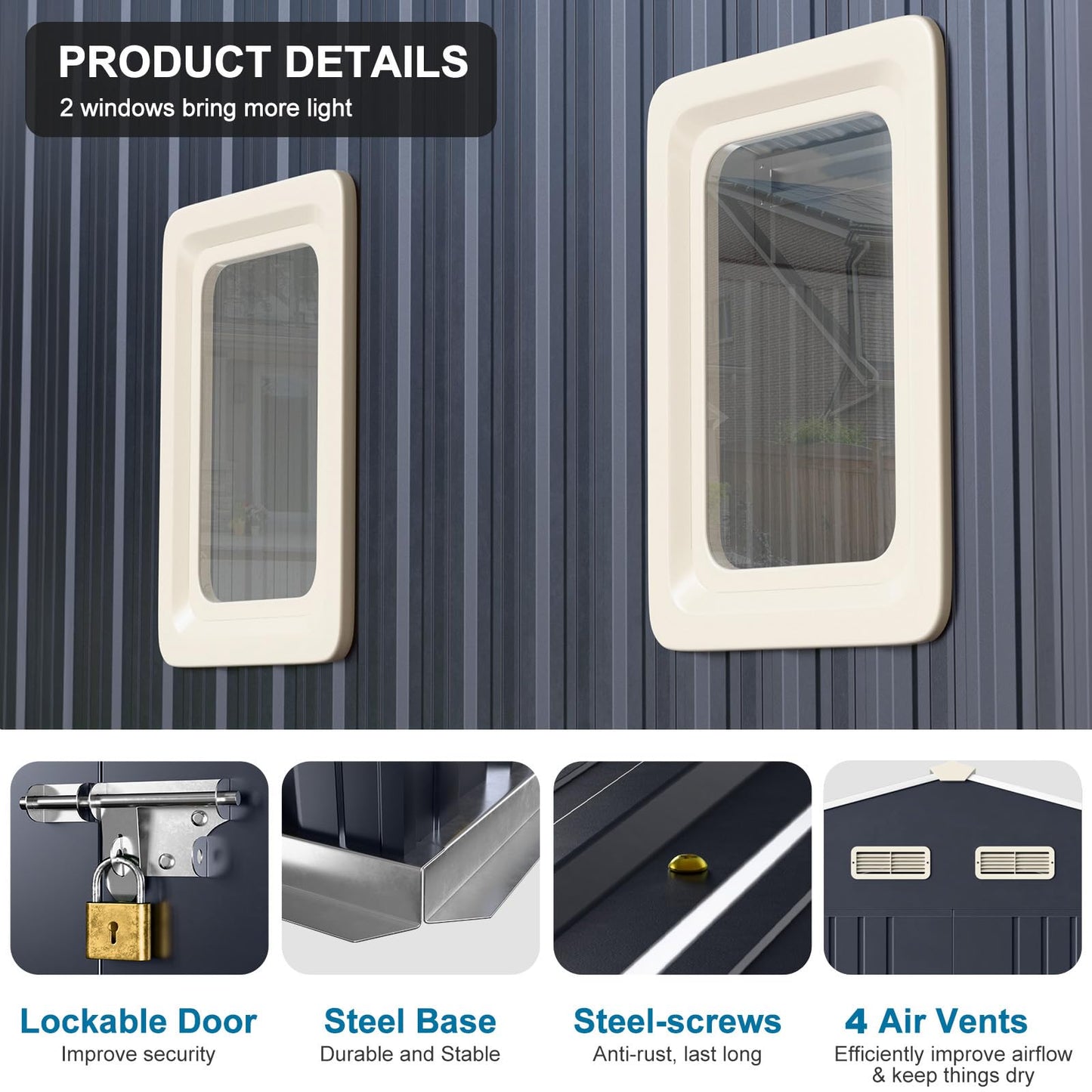 WELYAS 10x12 FT Outdoor Metal Storage Shed with Unique Floor Base Clear Roof Window Lockable Door Vent,Waterproof Heavy Duty Reinforced Frame Sheds for Yard Store Large Lawnmower Tool, Dark Grey