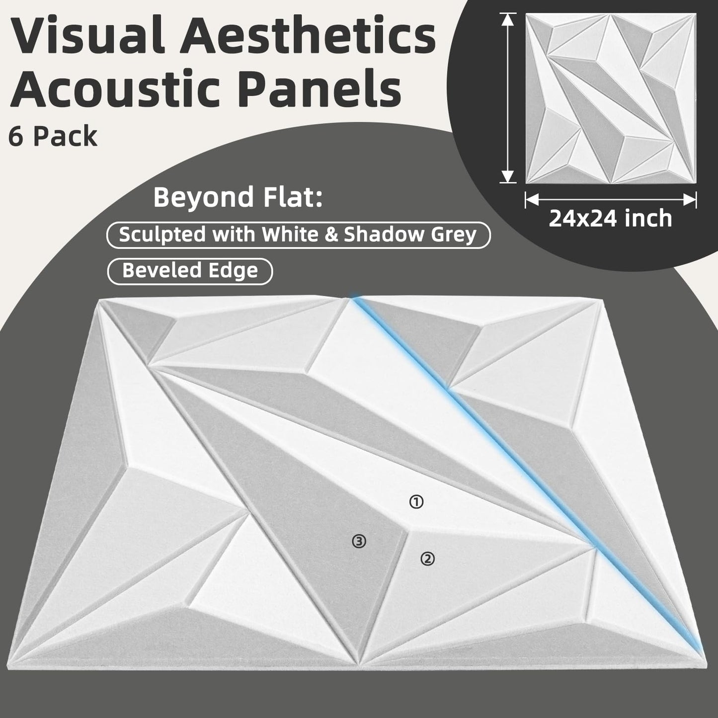 Art3dwallpanels 24" X 24" Acoustic Panels 6 Pack Soundproof Wall Panels Sound Dampening, 3D Wall Decor Absorbing Panels, White and Gray