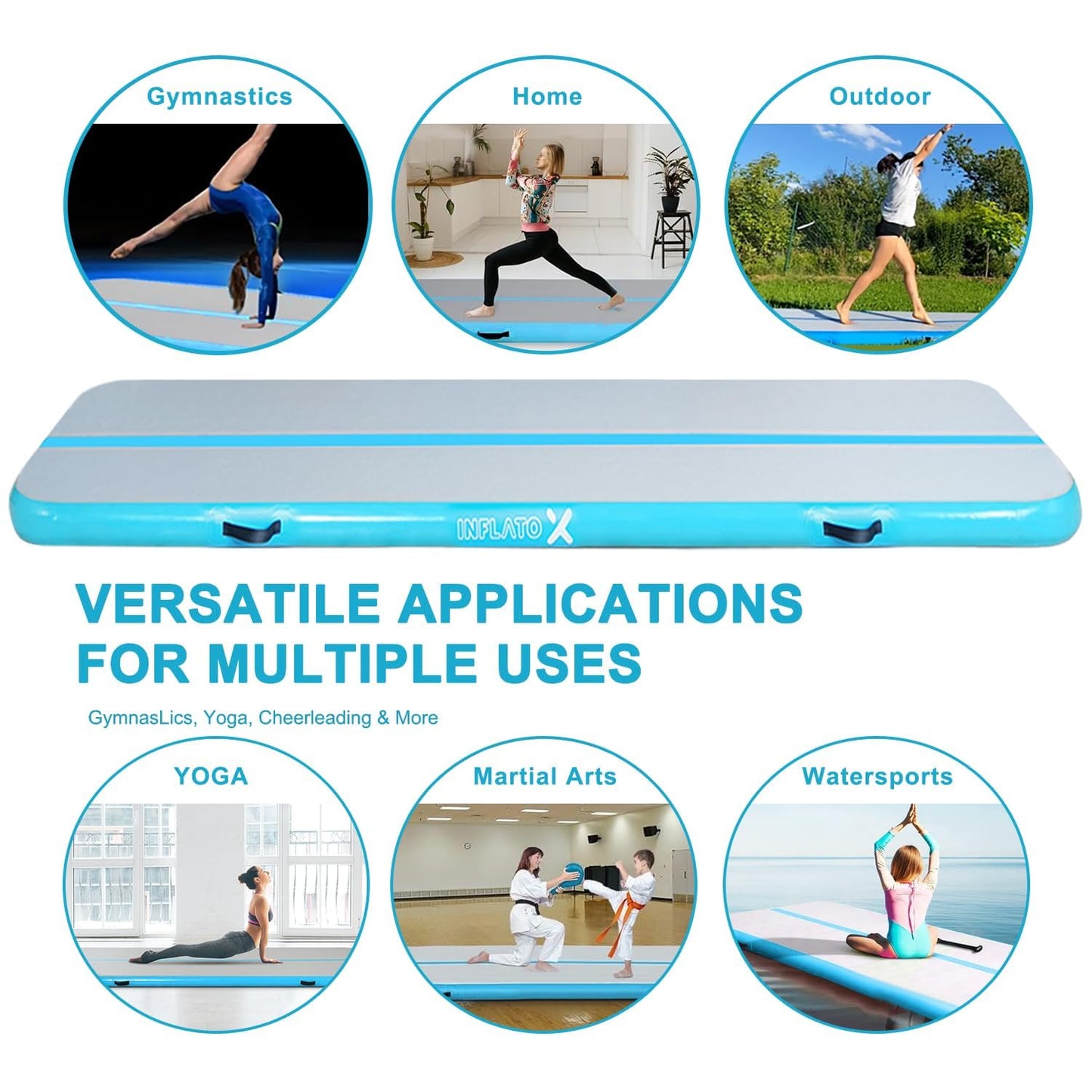 InflatoX Inflatable Air Gymnastics Mat Training mat Thick tumbling mat with Electric Pump for Home/Gym/Outdoor (Blue/Blue, 13.12ft*3.3ft*4in(4 * 1 * 0.1M))