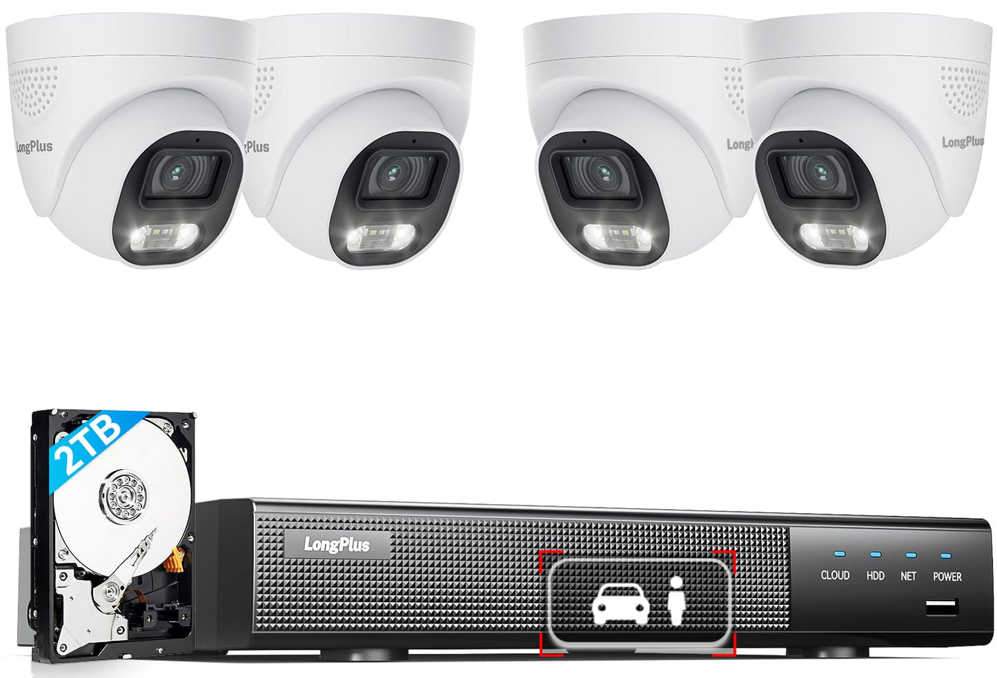 LongPlus Smart 4K 8CH Home Security Camera System, 4Pcs Wired PoE IP Cameras System Outdoor with Person/Vehicle Detection, 12MP 8CH NVR with 2TB HDD for 24-7 Recording, LP8ME84D1