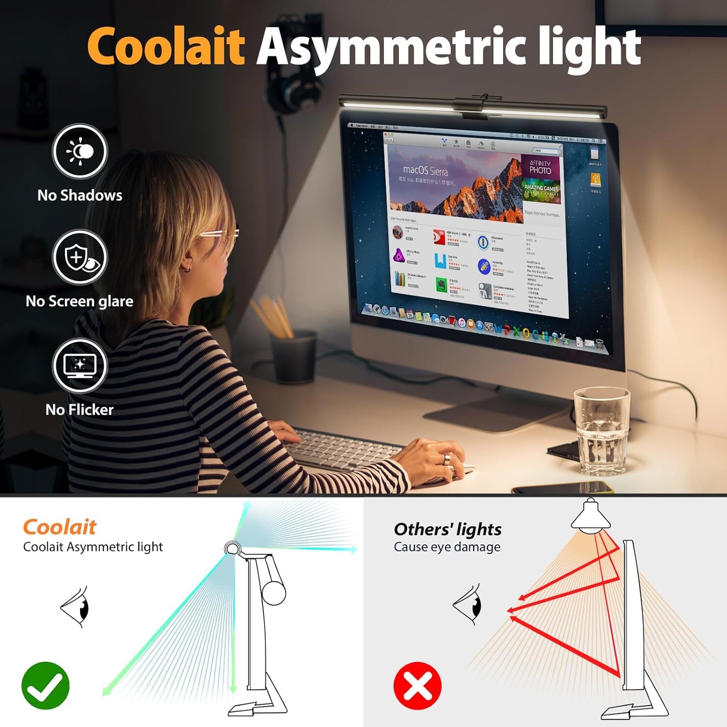 Color/Dimming Computer Monitor Light,Screen Monitor Light Bar with Backlight for Eye Caring, E-Reading LED Task Lamp