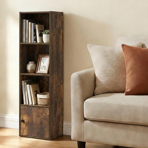 Furinno LUDER 4-Tier Bookshelf - Stylish Open Shelf & 1 Door Cabinet | Amber Pine, Perfect for Living Room & Home Office