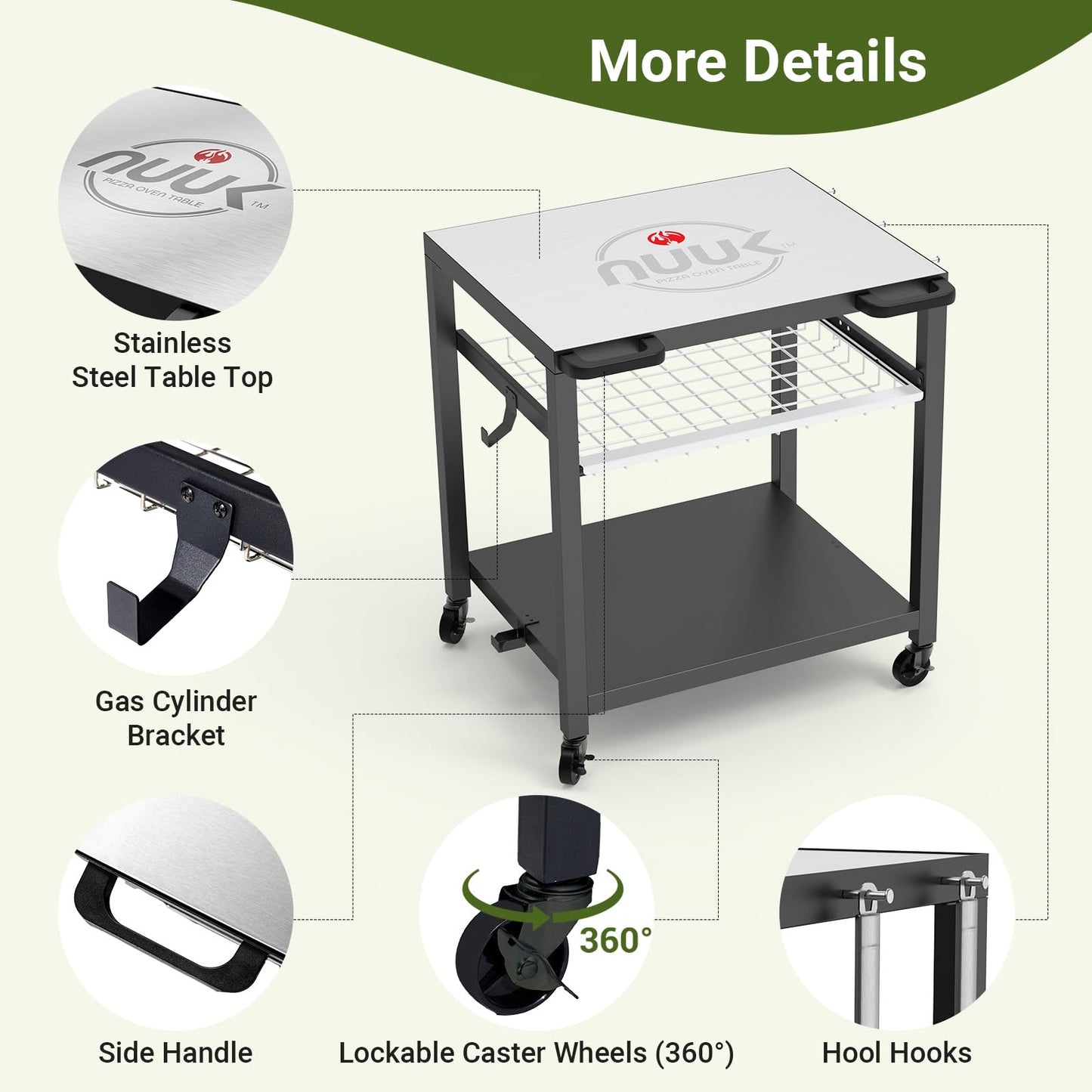 NUUK Grill Cart 30"x24" Pizza Oven Table for Outdoor 3-Shelf with Stainless Steel Top