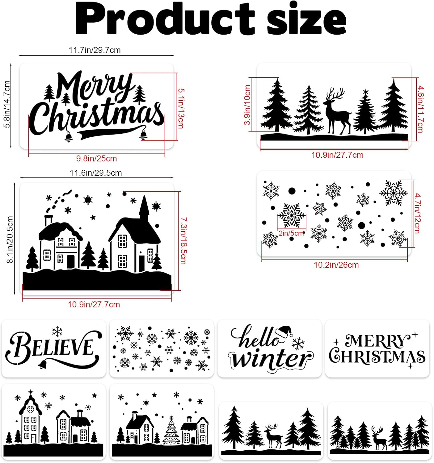 Skiennix Large Christmas Stencils - 12 Pcs Winter House, Snowflake & Pine Tree Designs for Painting on Wood & Glass