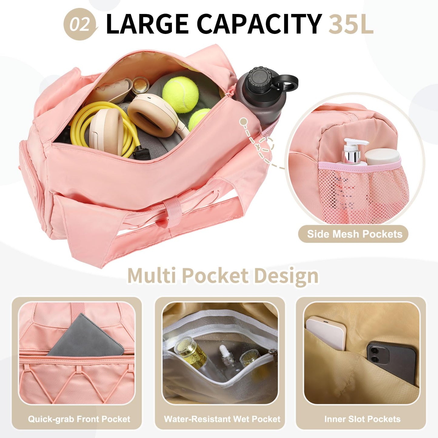 SUIKIHUM Small Gym Bag for Women, Mini Duffel Bag with Shoe Compartment, Cute Sports Tote Bag Dance Yoga Mat Luggage with Crossbody Water Bottle Bag, Pink
