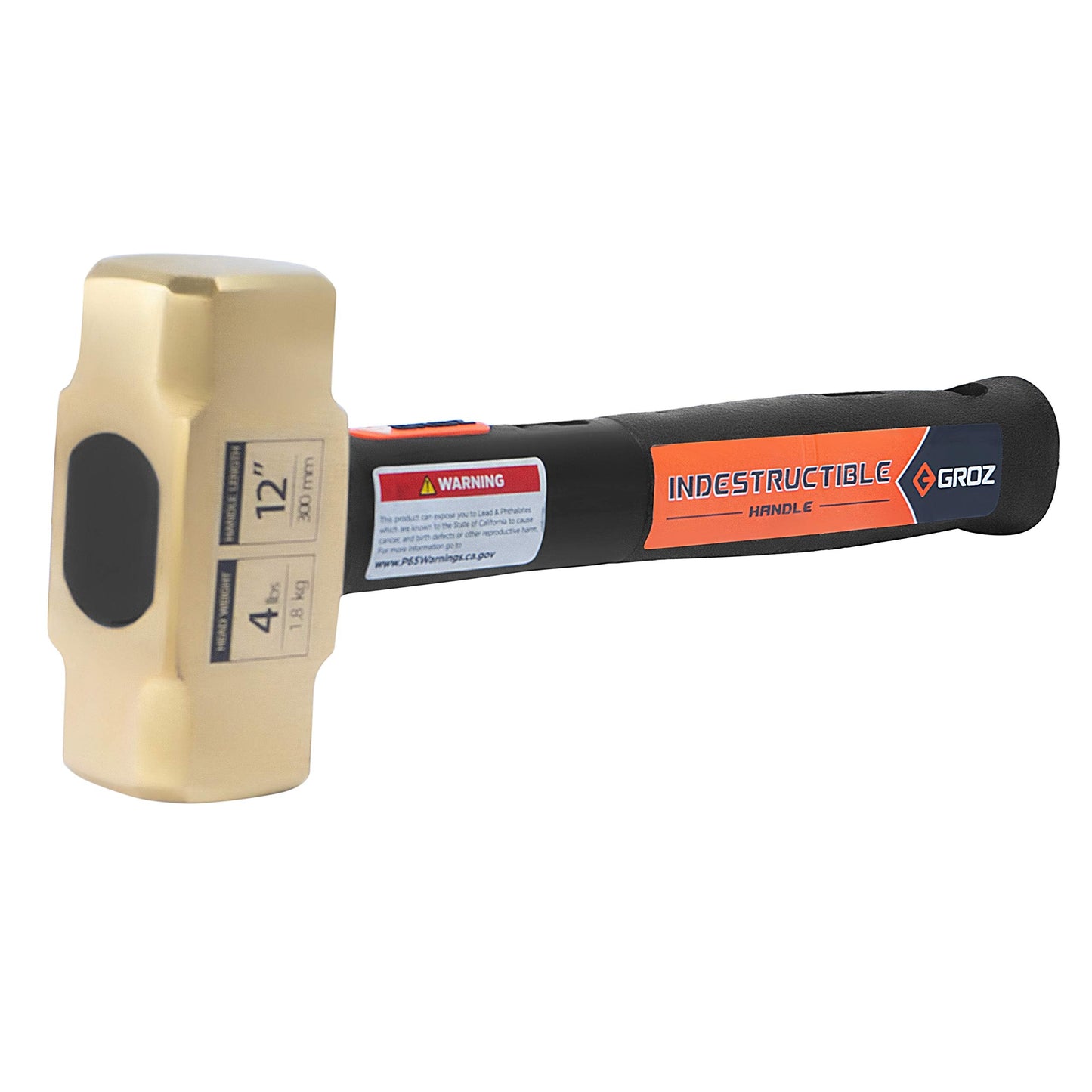 Groz Brass Head 4lb Sledge Hammer with 12-Inch Indestructible Handle | Mar Resistant Head | Steel Locking Plate | Vulcanized Rubber Handle | Spark Resistant (34702)