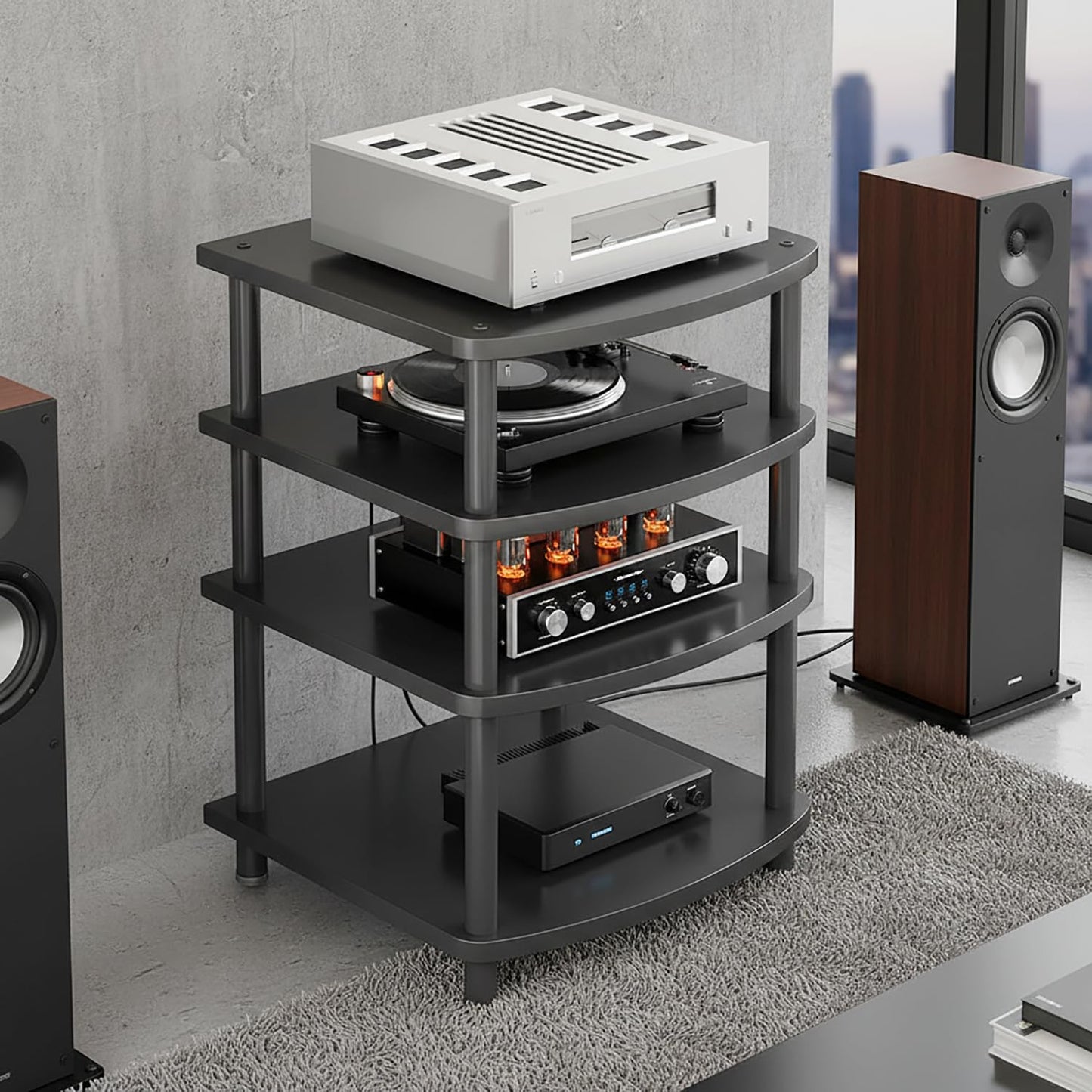 XEOKXOIT 4 Tier AV Media Stand, Audio Rack Tower Adjustable Height, TV Game Console Equipment Shelf, CD Record Player Stereo Component Rack Cabinet for Home Theater Studio (Black)