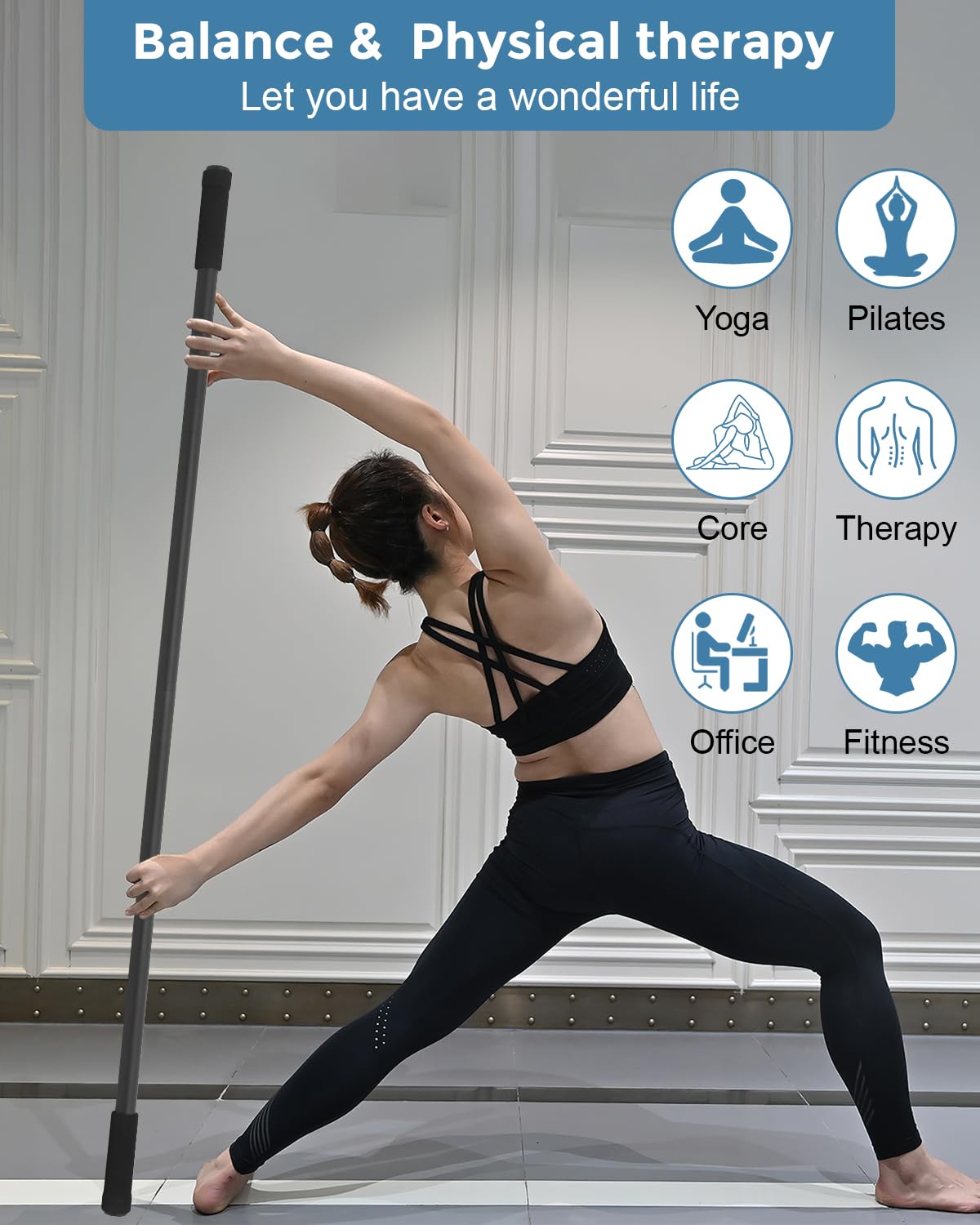 P Polerden Yoga Stick Sturdy Steel 5ft, Exercise Stick with Non-Slip Ends, Adjustable Stretch Stick for Mobility, Exercise Dowel for Physical Therapy, Balance Pole and Yoga Bar for barra para hacer ejercicio