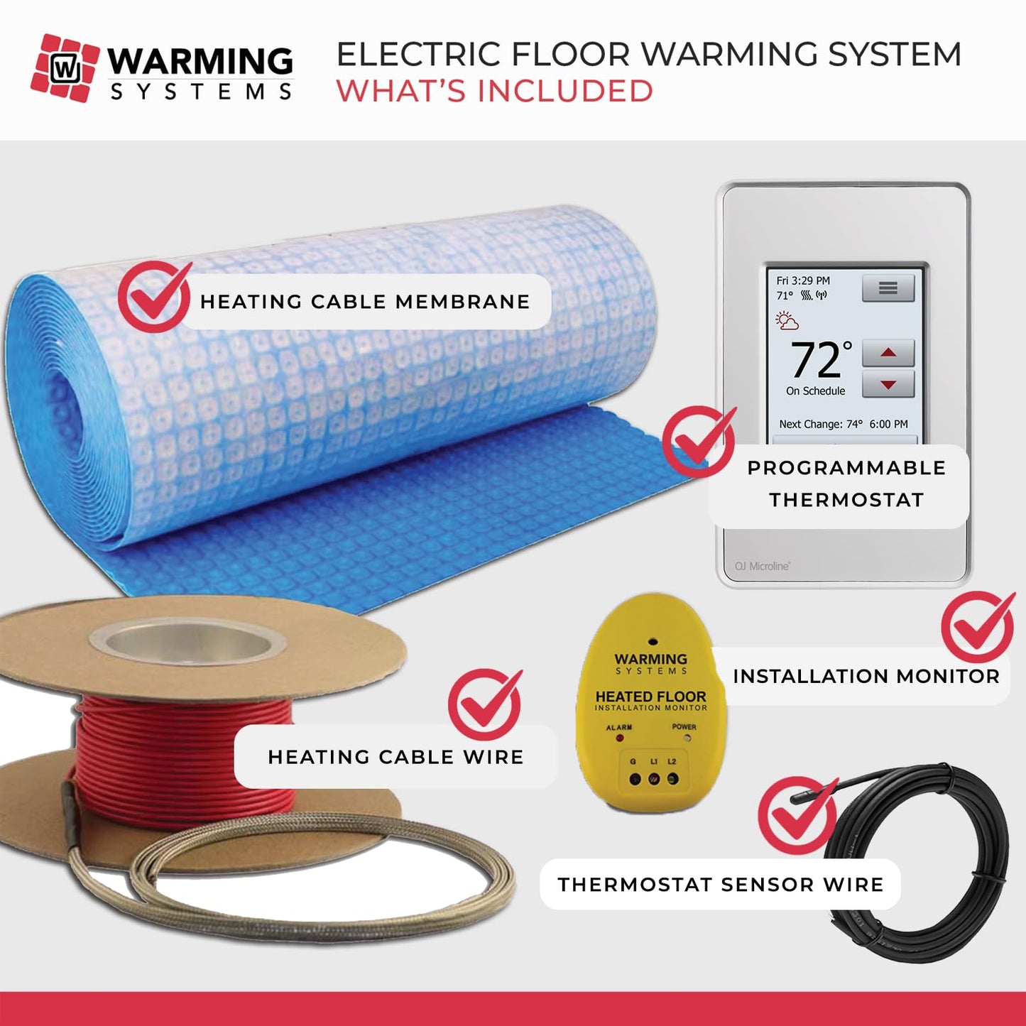 Warming Systems – 15 Sqft Electric Radiant Floor Heating Kit – 120V Heated Tile Floor System with Touch Screen Thermostat, Cable Membrane, Floor Sensor, Installation Alarm & 25 Yr Warranty USA Made