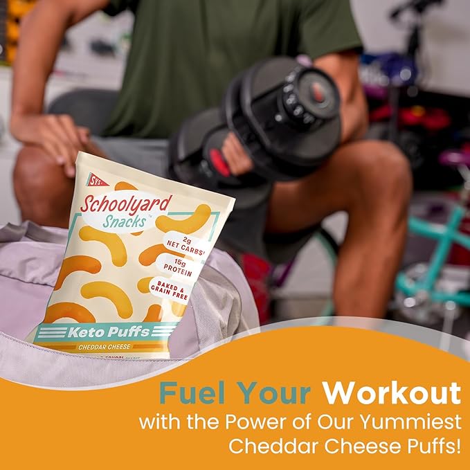 Schoolyard Keto Snacks - Cheddar Cheese - 15g Protein Puffs, Low Carb, Low Sugar - Gluten Free, Healthy & Diabetic Friendly, High Protein, Low Calorie snacks for Kids & Adults, USA Made, 12 Pack