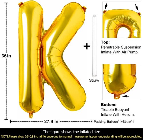 Lovoir 40 Inch Jumbo Gold Letter K Balloon - Mylar Foil Helium Party Decoration