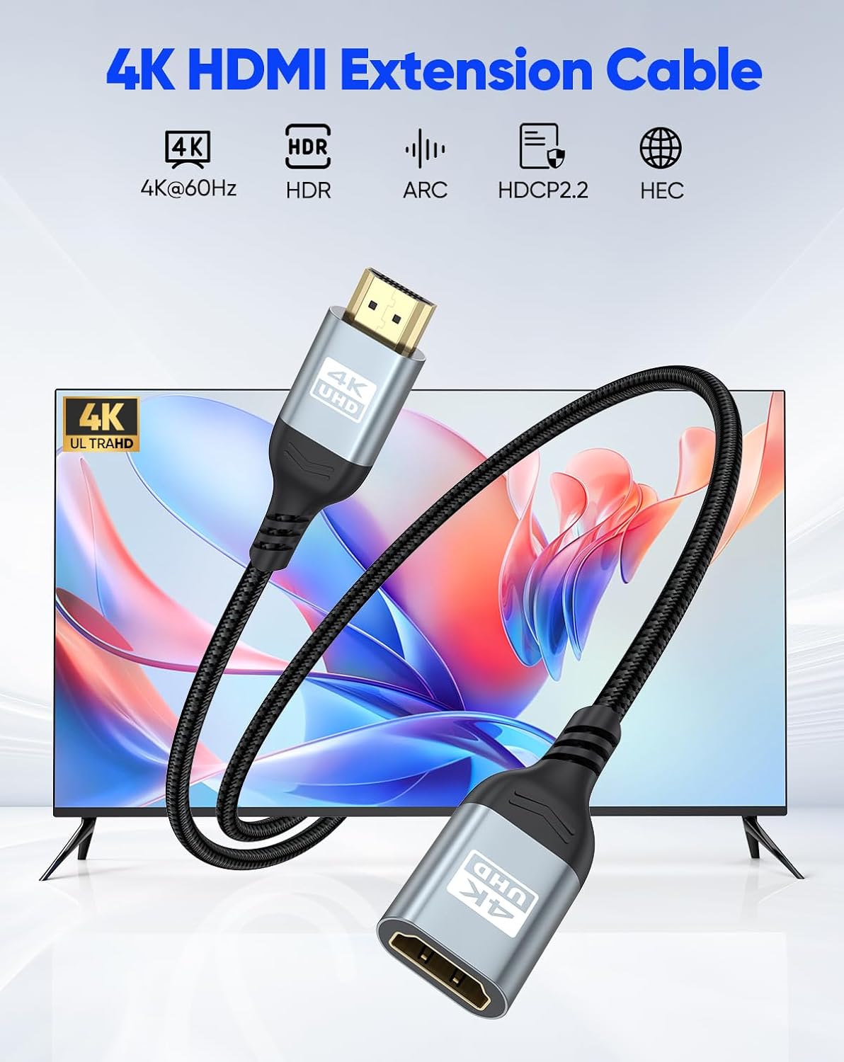 4K 10 4K@60Hz, 2K, 1080P, 3D PS5/PS4 HDMI Extension Cable FT HDMI Extender, HDMI Male to Female Adapter Cord ARC, HDR