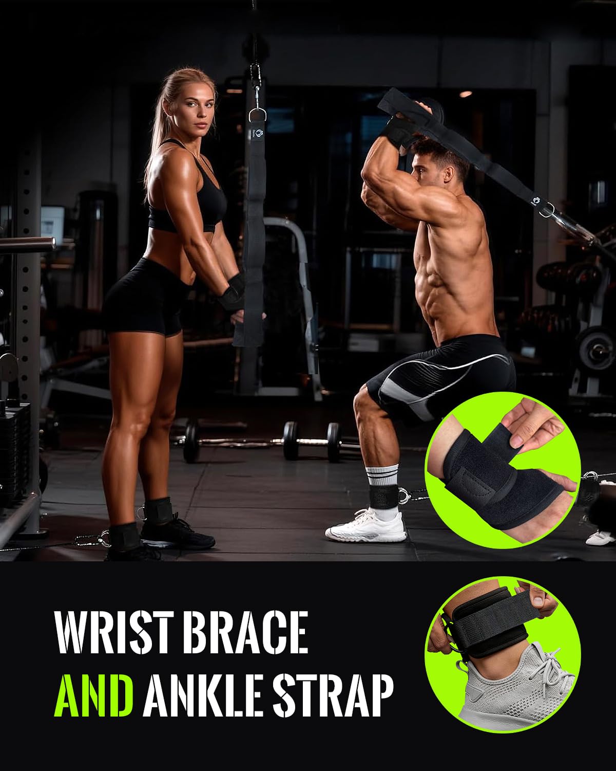 Tricep Rope Cable Attachment with 6 Anti-Slip Handles, Extra-Long Adjustable Pull Down Rope with Wrist Brace & Ankle Strap for Pushdowns, Crunches & Extensions, Cable Machine Attachment for Home & Gym