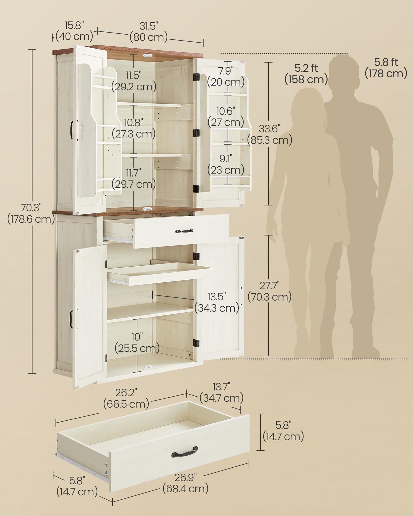 VASAGLE LIRY Collection - Pantry Cabinet, 70.3-Inch Tall Farmhouse Kitchen Storage Cabinet with Barn Doors, Drawer, Tray, Adjustable Shelves, for Kitchen, Dining Room, Rustic White UBBK364W01