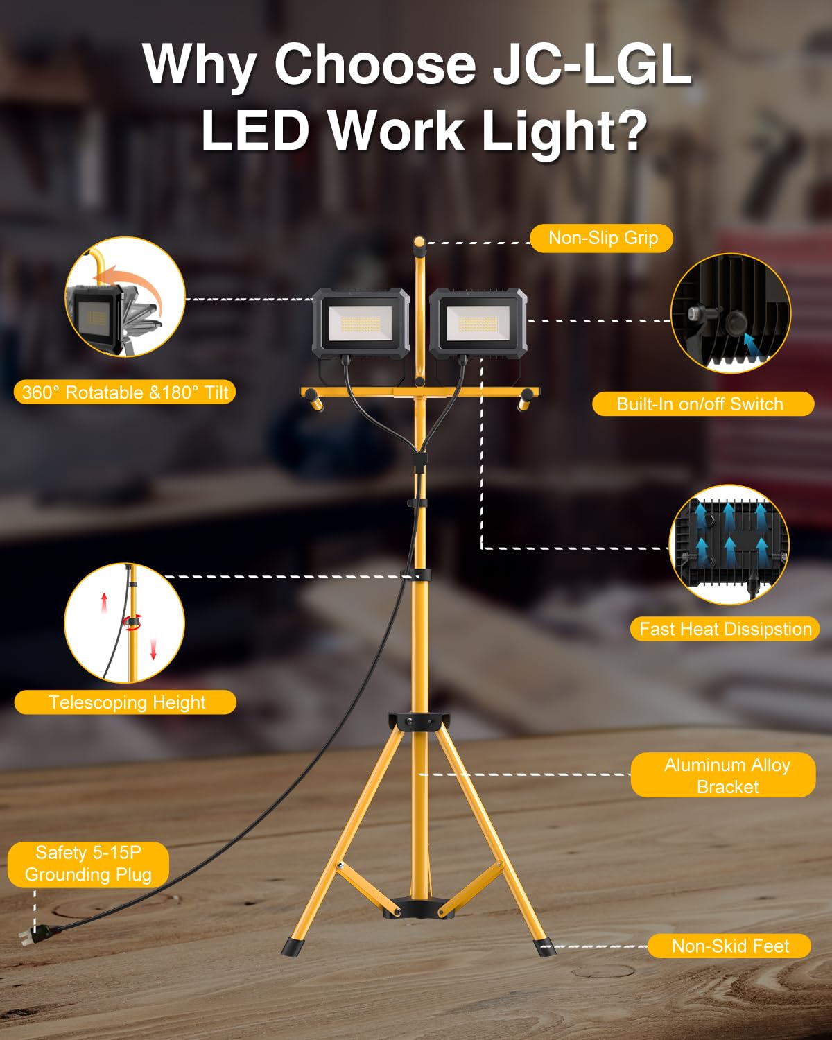 23000 Lumen LED Work Light with Stand, 200W 2 Adjustable Head Work Light, with Adjustable and Foldable Tripod Stand, Waterproof Lamp with Switch for Construction Job Site Workshop Garage, 2 Pack