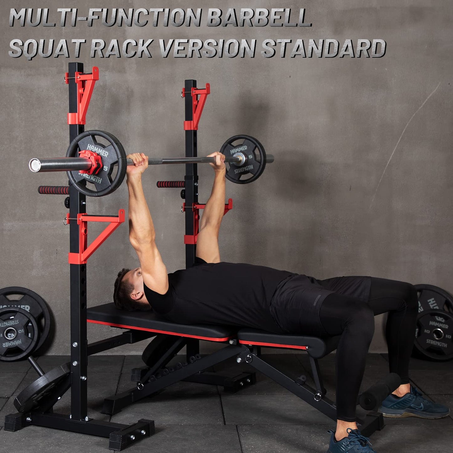 CANPA Squat Rack, Adjustable Barbell Rack Strength Training Barbell Stand with Dip Station Multi-Function Squat Stand Equipment for Home Gym Fitness 600Lbs（red）