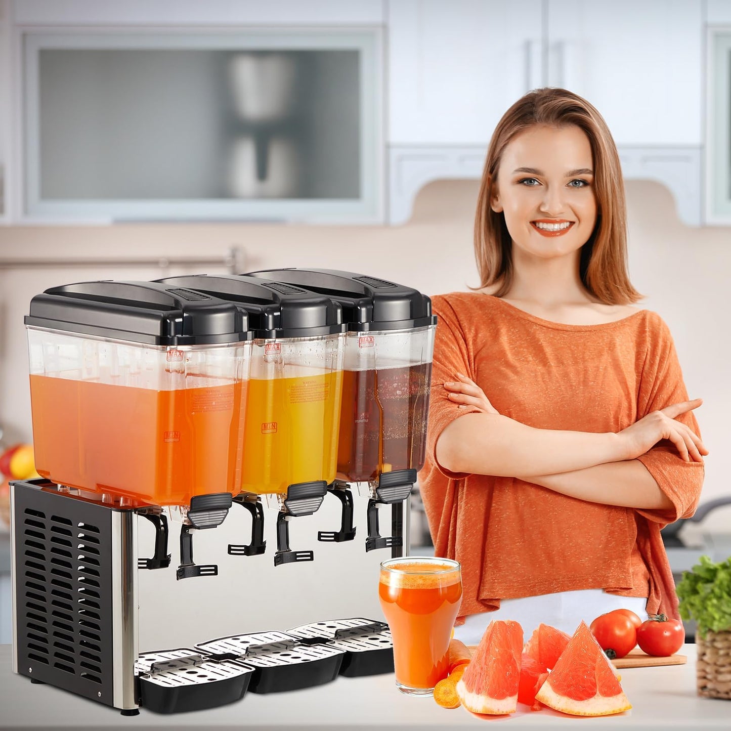 EliteEdge Stainless Steel Commercial Beverage Dispenser with Thermostat Control, 3-Tank 9.6 Gallon Capacity for Lemonade, Coffee, and Cold Drinks, Suitable for Home or Hospitality Use