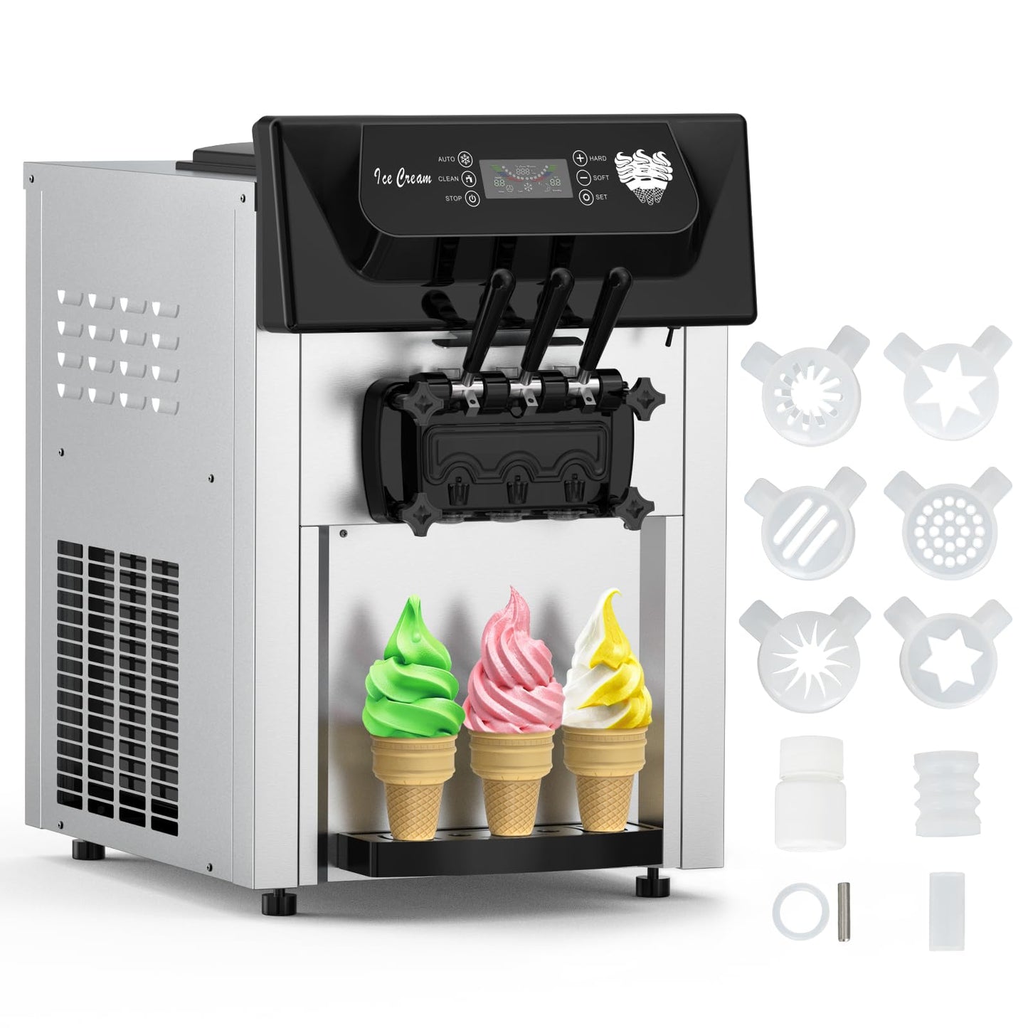 PioneerWorks Commercial Ice Cream Maker,2200W, 5.3 to 7.4 Gal/Hour, 3 Flavors Commercial Soft Ice Cream Machine with LED Display, Perfect for Restaurants Snack Bar