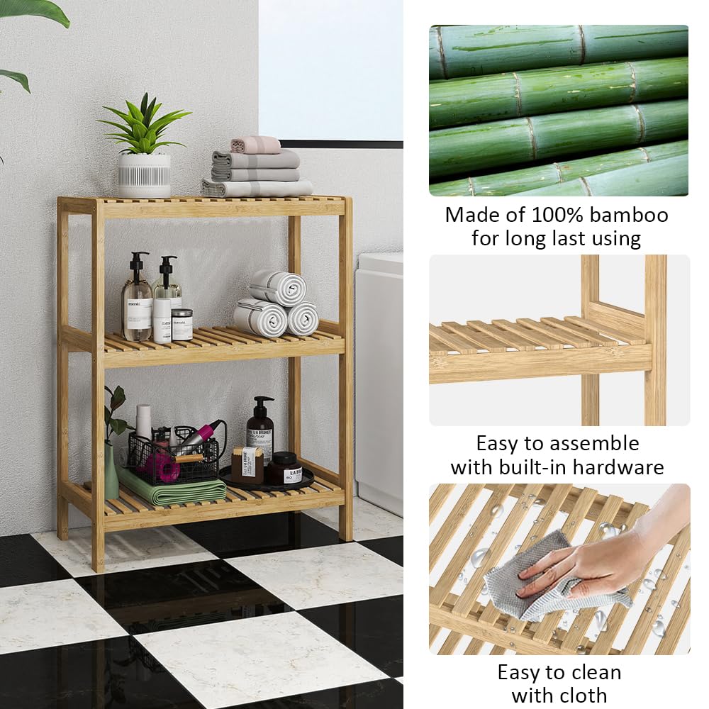 HLXZN 3-Tier Bamboo Freestanding Shelf Unit, Multifunctional Small Bookshelf Bookcase for Bathroom, Kitchen, Living Room, Office