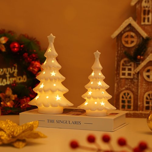Luxstyra 2 Pcs Light Up White Ceramic Christmas Trees, Table Top Christmas Tree with Lights, Porcelain Tree Figurine with Timer, Small Ceramic Christmas Trees Set, White Christmas Decor for Tabletop