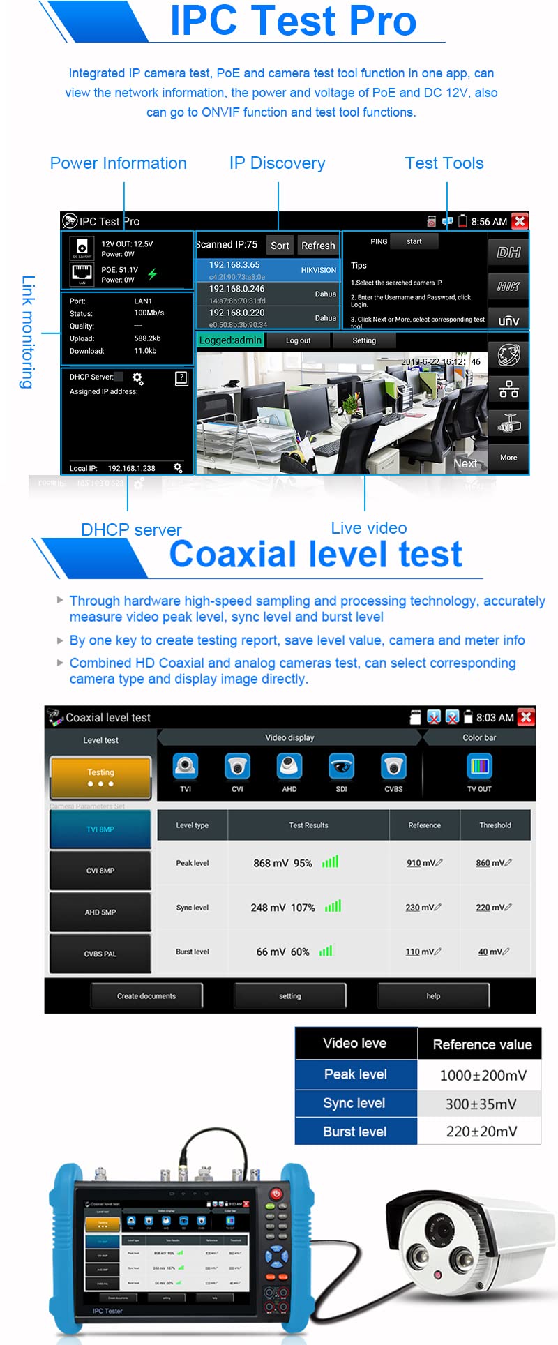 CCTV Tester IPC-9800MOVTADHS 7'' IPS Touch Screen WiFi 4K H.265 HDMI Tester for 8MP CVI TVI AHD SDI CVBS Cameras, Support PTZ Control & Analog Testing