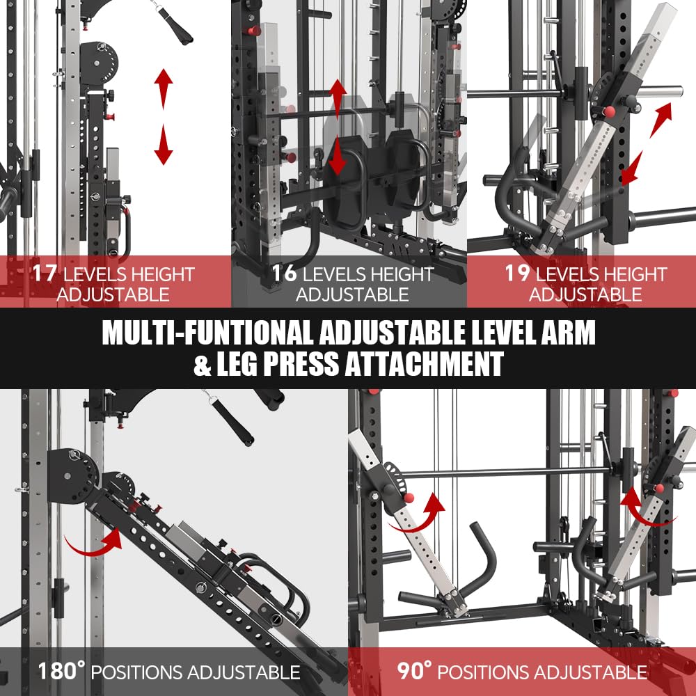 FAGUS H Commercial Smith Machine with Weight Bench Combo, 4000LB Power Cage Squat Rack with Lever Arm, Leg Press, Multi-Function Linear Bearing Cable Crossover Machine for Home Gym, Black