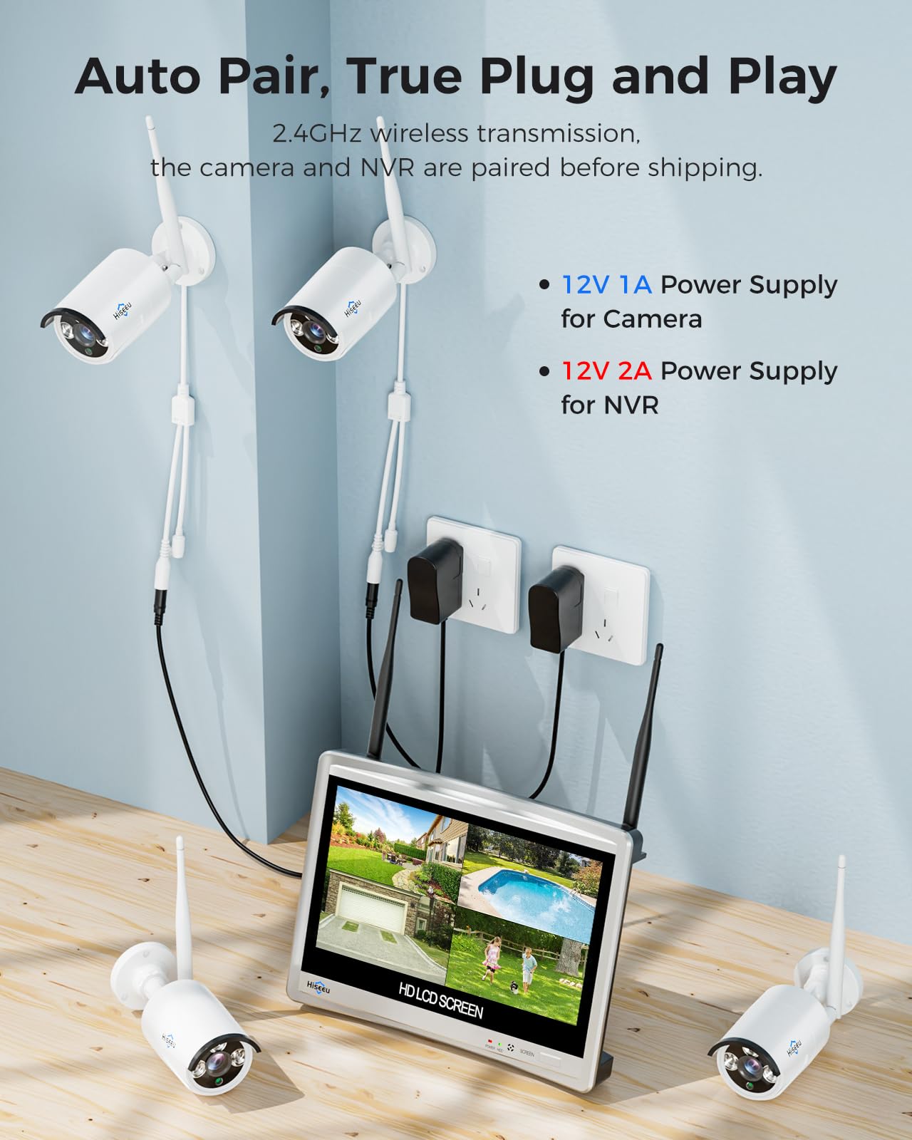[16CH Expandable] Hiseeu Home Security System, 24/7 Recording 5MP Wired Plug-in Powered Outdoor Bullet Cameras, 2.4G/5G WiFi Pro, 4K NVR with 12" LCD Monitor, 3TB HDD, Night Vision, IP65