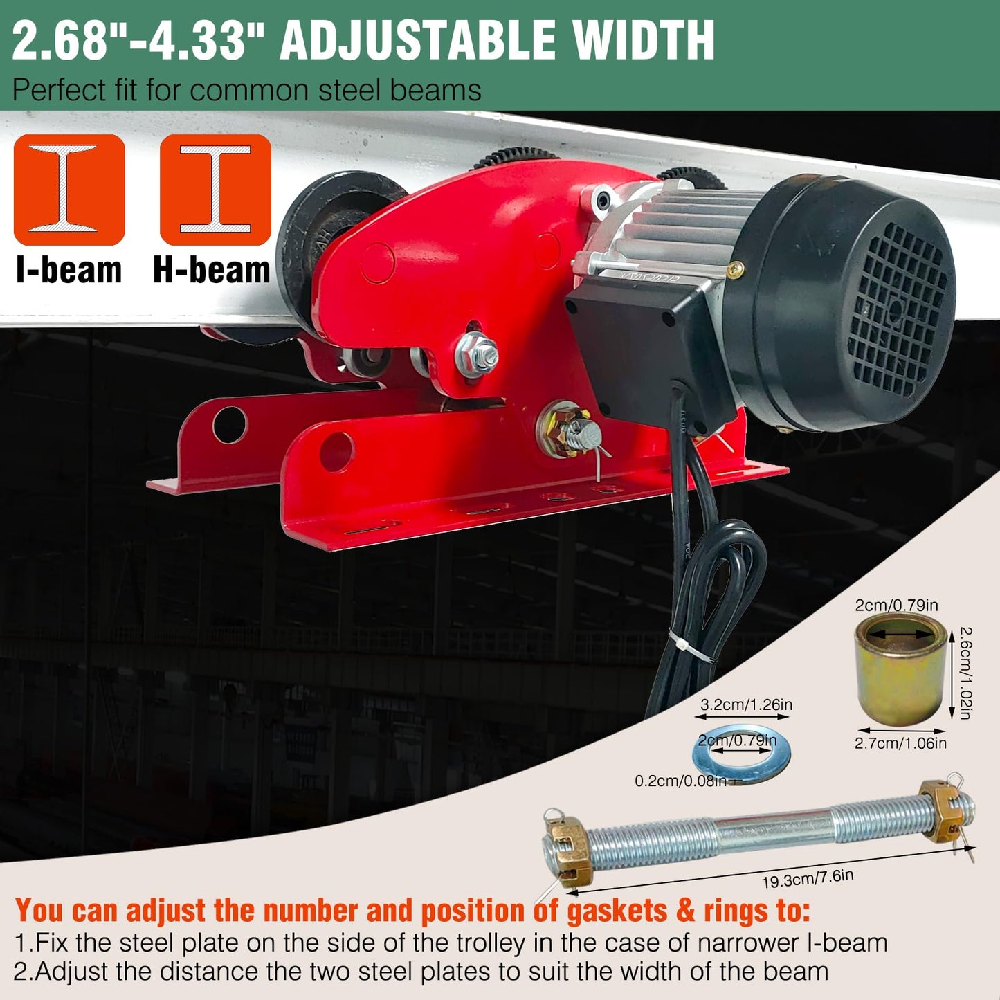 Dremvoist Electric Trolley for Power Hoist, 1 Ton 2204 LBS Electric Hoist Trolley, 2.68"-4.33" Adjustable Beam Flange Width, for PA200-PA1000 Hoists Push Geared Overhead Crane Heavy Duty Wheels System