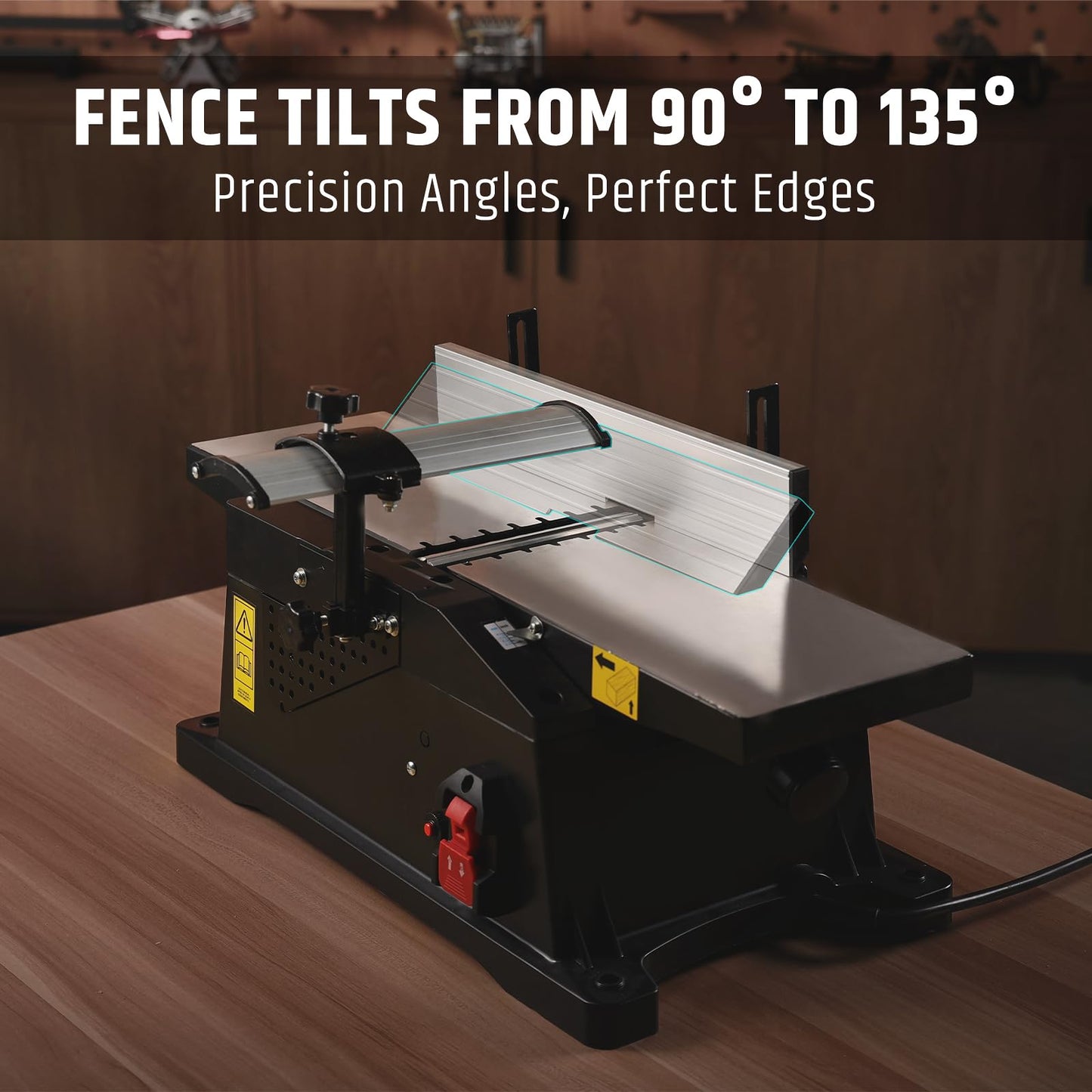 WOODSTARTER 6-Inch Benchtop Jointer with 15 Amp Motor, 12000 RPM Cutting Speed, Adjustable Fence 90–135°, Up to 1/8" Depth, HSS Blades, Table Jointer To for Woodworking DIY