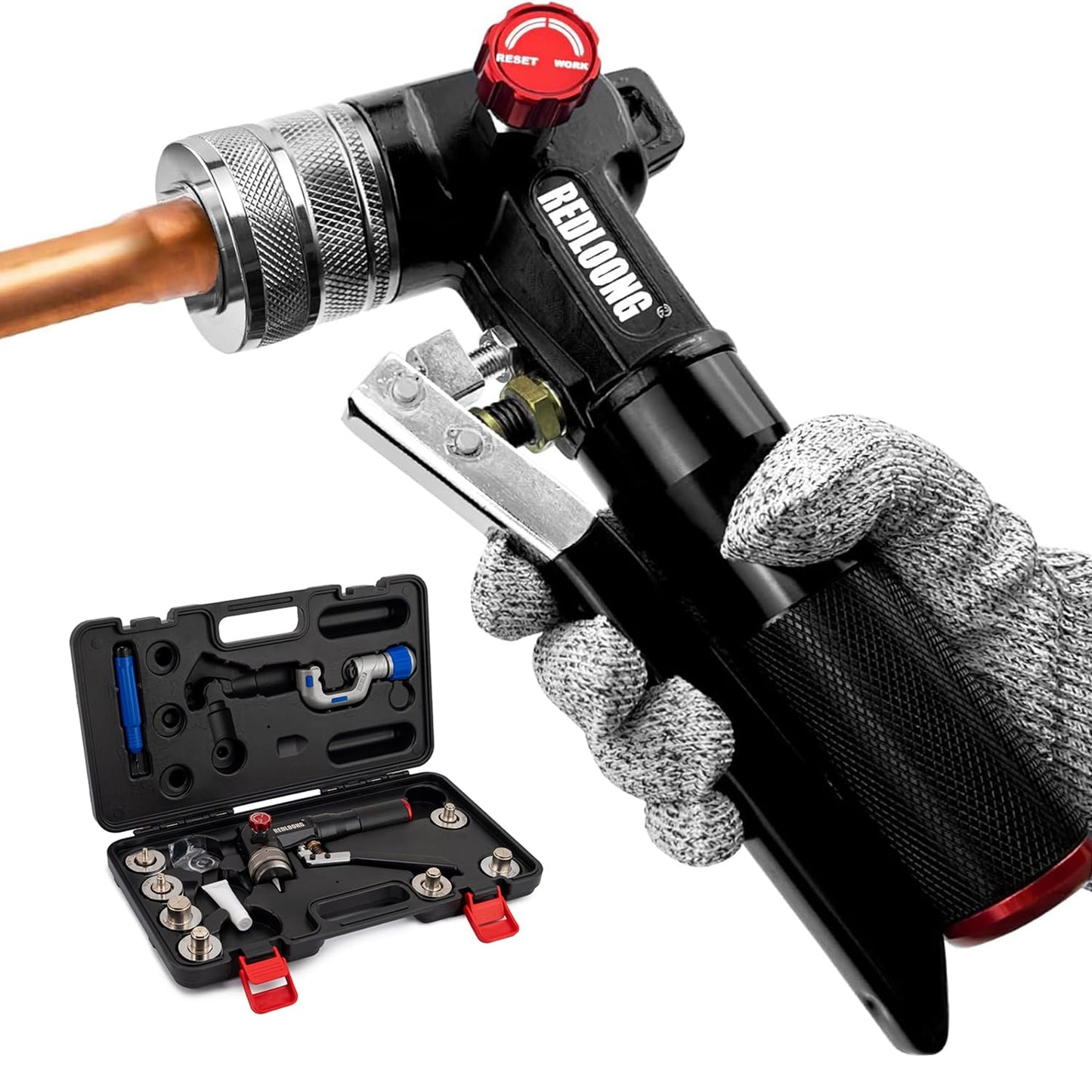 REDLOONG HVAC Hydraulic Swaging Tool Kit for Copper Tubing – Expanding 3/8" to 1-1/8" with 7 Interchangeable Heads, Portable Tube Expander for HVAC Professionals Black