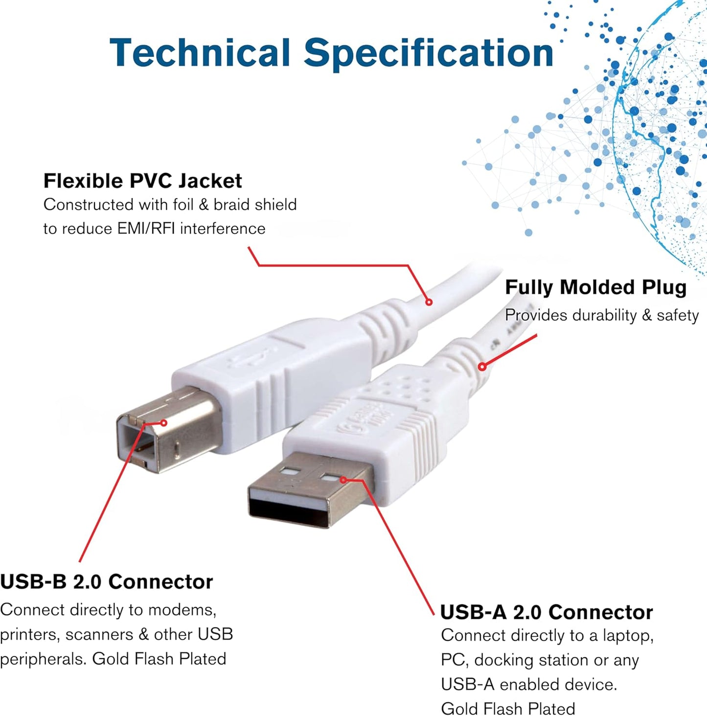 C2G 2.0 3.28 (1 13171 USB Cable, USB Cable, USB A to B Cable, Feet Meter), White, Cables to Go