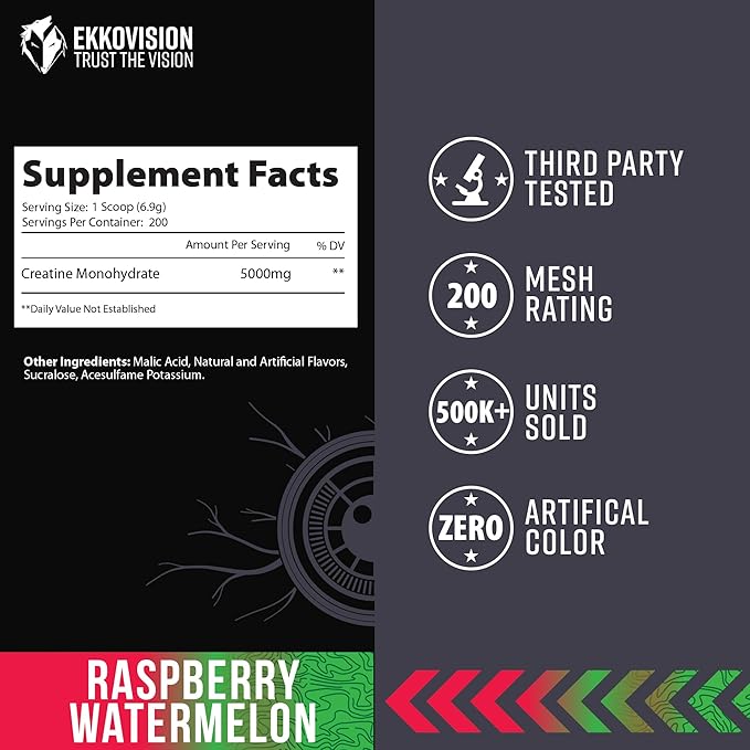 Ekkovision Creatine Monohydrate Powder, Micronized, Raspberry Watermelon, Pre & Post Workout Supplement for Men and Women, Energy Support, Easy to Mix in Shakes, Smoothies & Beverages, 200 Servings