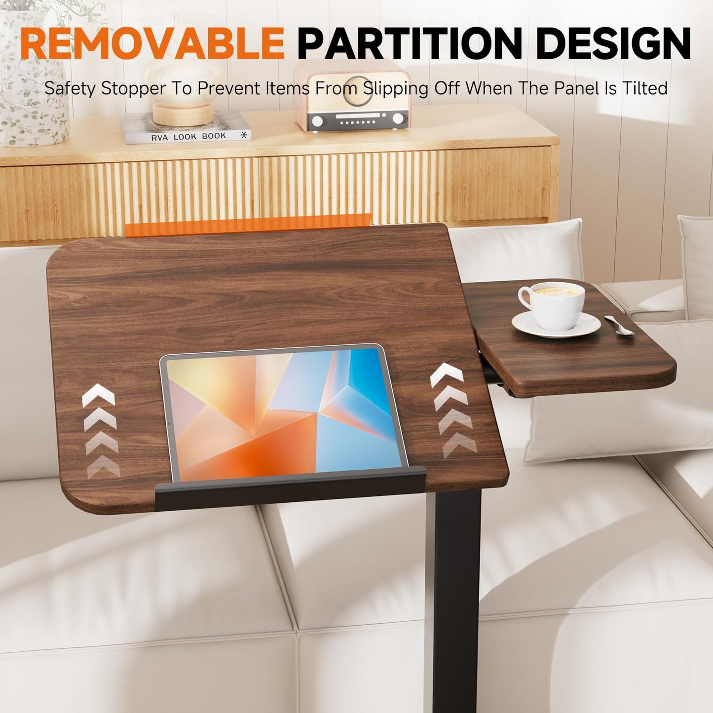 COMHOMA Tiltable Mobile Small Standing Desk, Pneumatic Adjustable Height Overbed Bedside Table with Wheels, Sit Stand Portable Rolling Laptop Desk Computer Workstations, Walnut