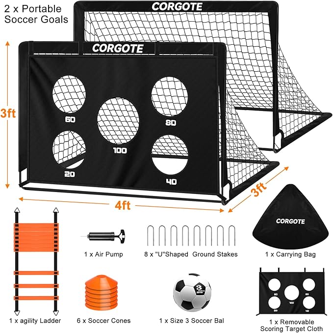 Kids Soccer Goal for Backyard Set, 2 Pack of 4x3 Toddler Soccer Net Practice Equipment with Ball, Training Equipment with Target Ball & Cones, Soccers Gifts for Boys 3-12, Outdoor Sports Toys